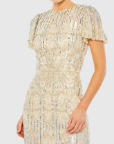 Beige and Silver Embellished Flutter Sleeve High Neck Dress